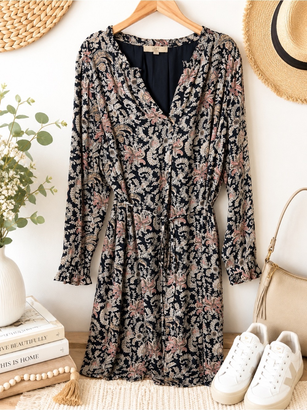 Loft plus Floral Long-Sleeve V-Neck Dress